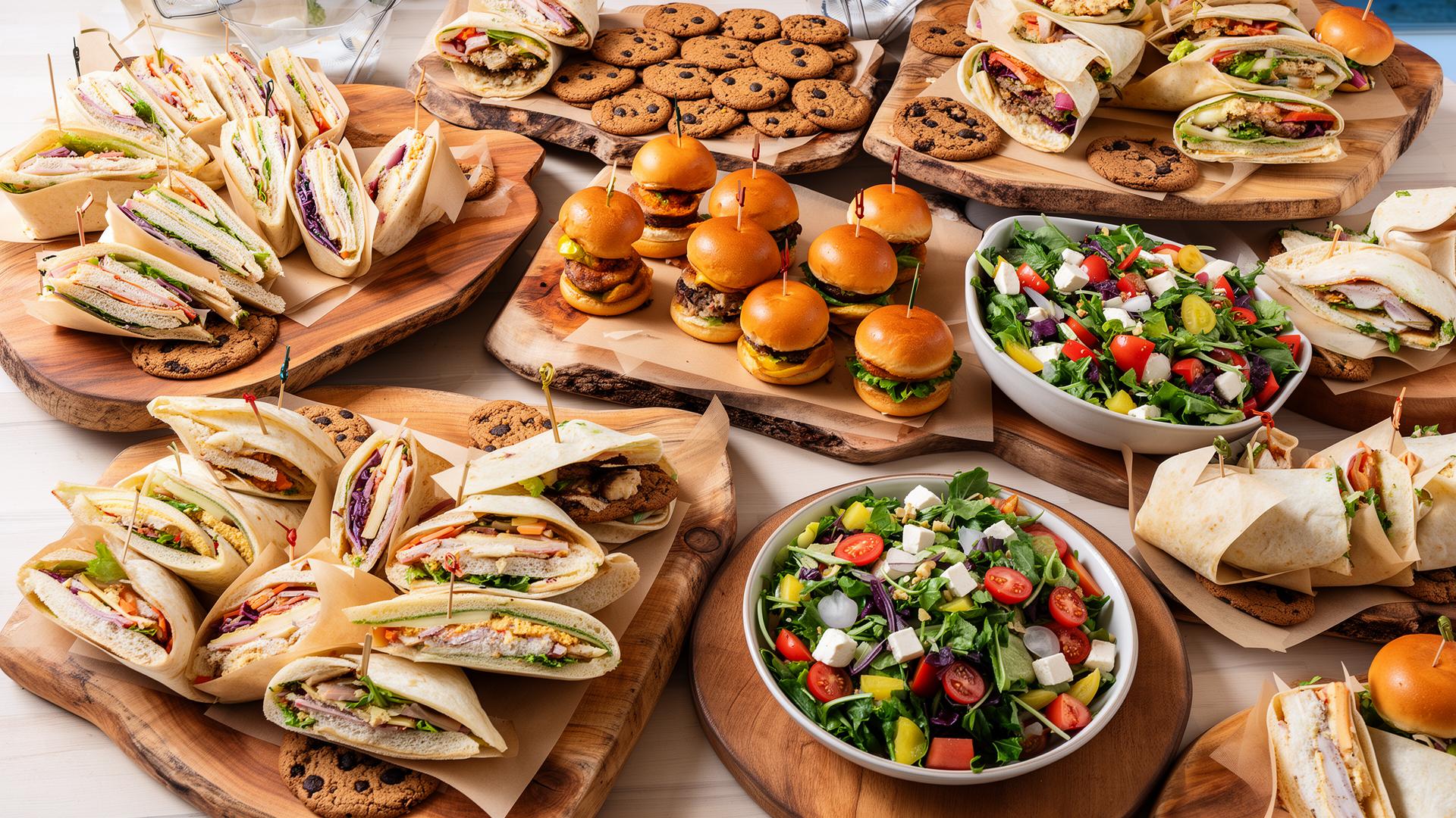Catering spread of sandwiches and salads
